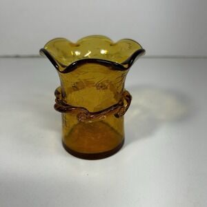 Vintage Amber Crackle Glass Bud Vase Applied Loop Ruffled Rim Art Glass
